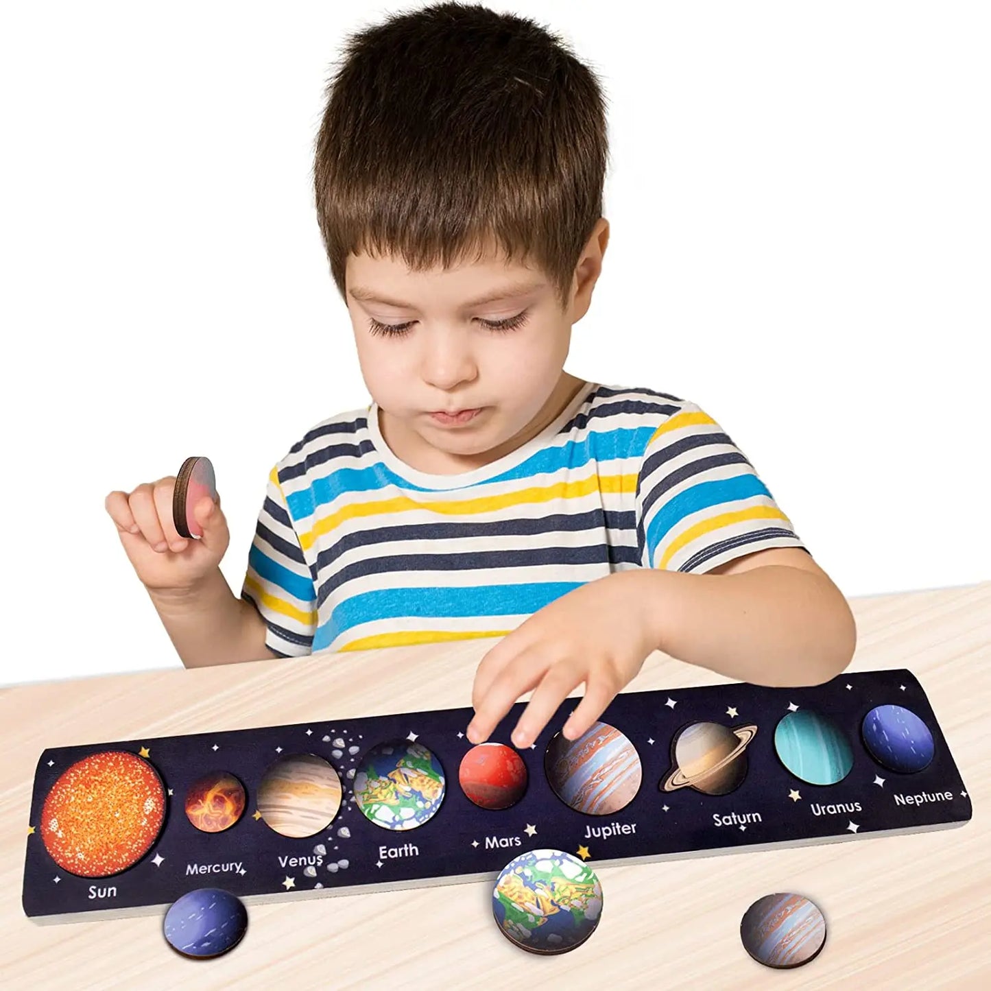 Children Wooden Space Planet Puzzles Montessori Toys Planet Matching Game Jigsaw Tray Universe Solar System Science Learning Toy