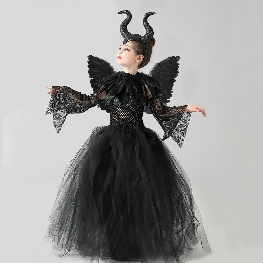 Kids Maleficent Girls Costume Dress Deluxe Halloween Cosplay Dress Gown Kids Demon Queen Witch Clothes