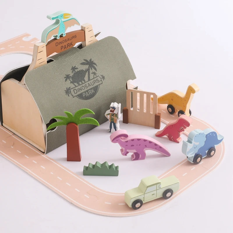 Wooden Montessori Toy Dinosaur Park Animals Barn Toy for Children Stacking Educational Toy Wooden Car Track Toy Christmas Gift