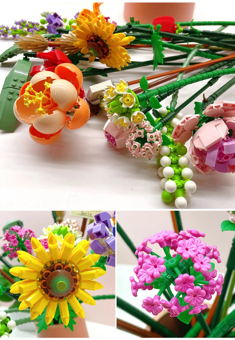 Mini Rose Building Blocks Flower Simulation Potted Bouquet 3D Model Home Decoration DIY Children's Educational Toys Girl Gift