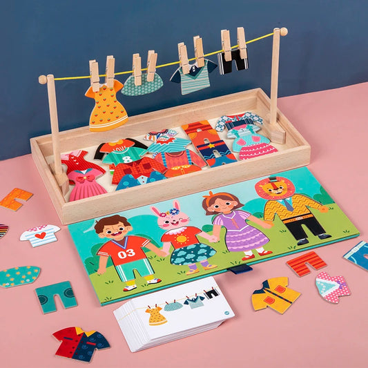 Drying Rack Clothes Dress-Up Jigsaw Puzzle Logical Thinking Matching Sorting Educational Game Kids Montessori Wooden Toys Girls