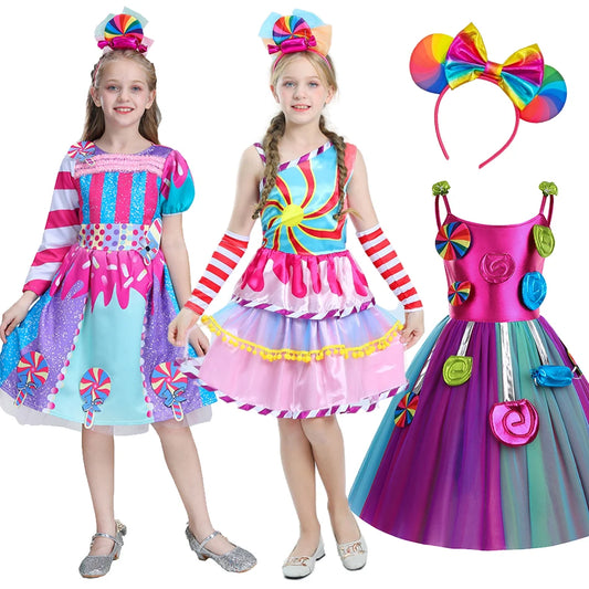 Kid Lollipop Rainbow Purim Festival Vestido Children Sweet Candy Cosplay Princess Dress Girl Halloween Carnival Birthday Outfits