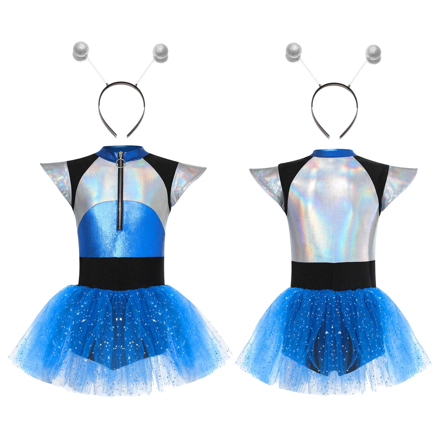 Kids Girls Alien Robot Astronaut Cosplay Costume Short Sleeve Shiny Metallic Spangles Tutu Dress Bodysuit with Alien Hair Hoop