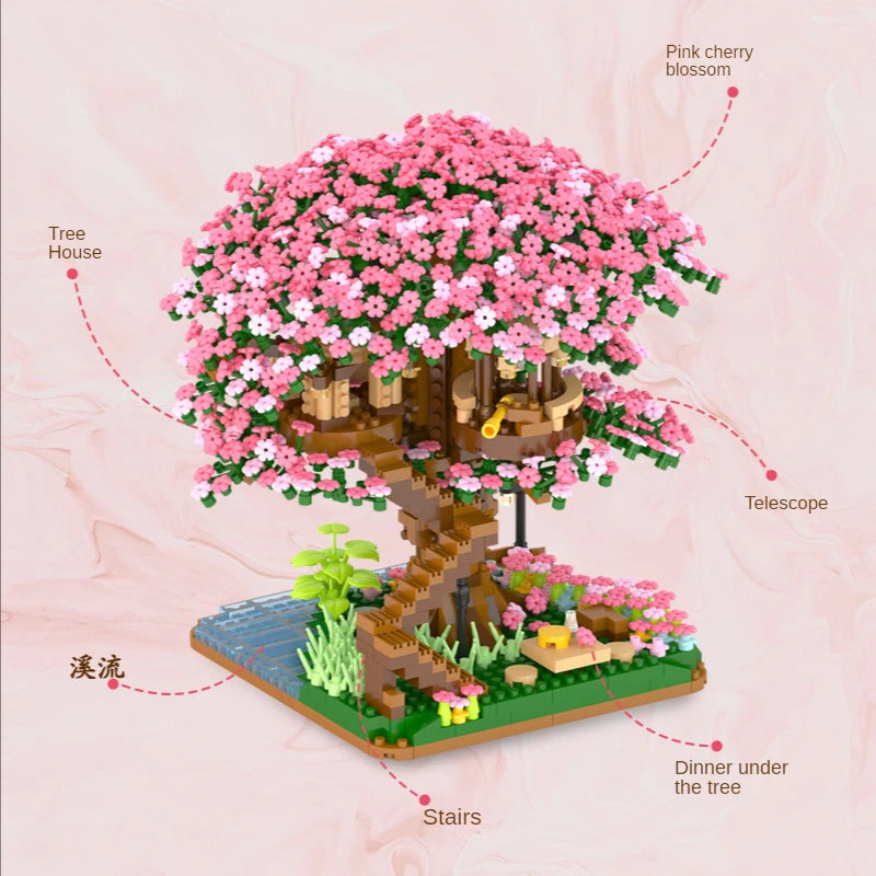 DIY Purple Romantic Cherry Blossom Flower Pink Tree House Train Assembly Building Blocks Classic Model Bricks Sets Kid