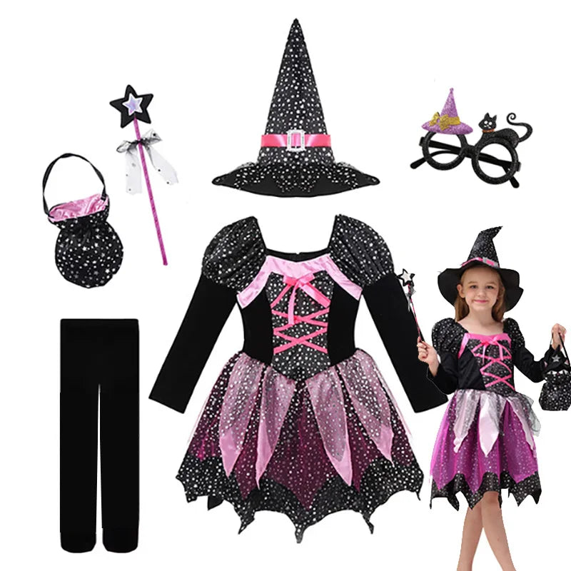 Kids 2024 Halloween Witch Costume for Girls Carnival Party Evil Lovely Witch Vestidos Set Dress+Hat+Magic Wand+Bag Clothes Set