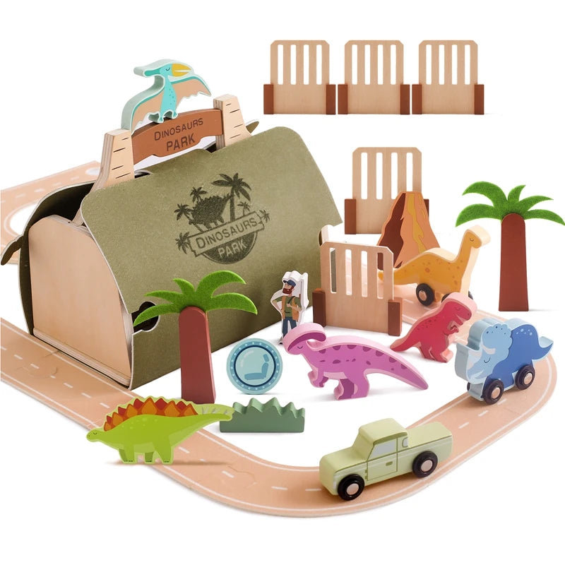 Wooden Montessori Toy Dinosaur Park Animals Barn Toy for Children Stacking Educational Toy Wooden Car Track Toy Christmas Gift