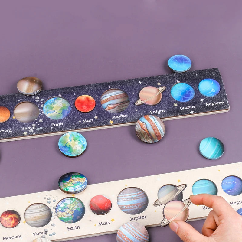 Children Wooden Space Planet Puzzles Montessori Toys Planet Matching Game Jigsaw Tray Universe Solar System Science Learning Toy