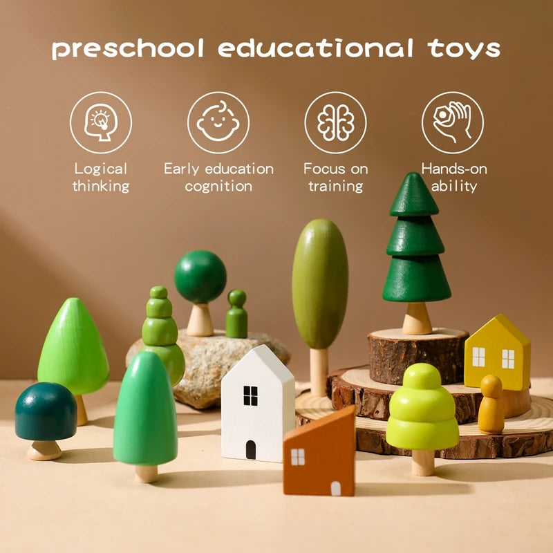 Wooden Grasp Matching Toy Wooden Building House Block Forest Ornaments Toy Christmas Tree Children Montessori Education Toy