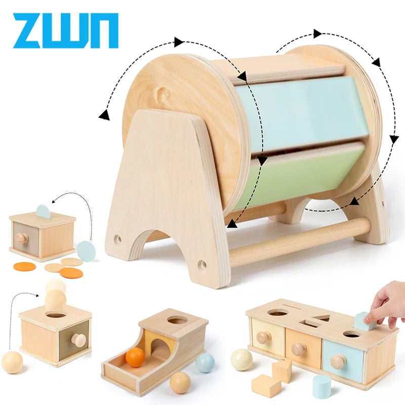 Montessori Infant Wooden Toys Target Box Rolling Drum Color Shape Cognition Match Educational Sensory Baby Teaching Aid Gifts