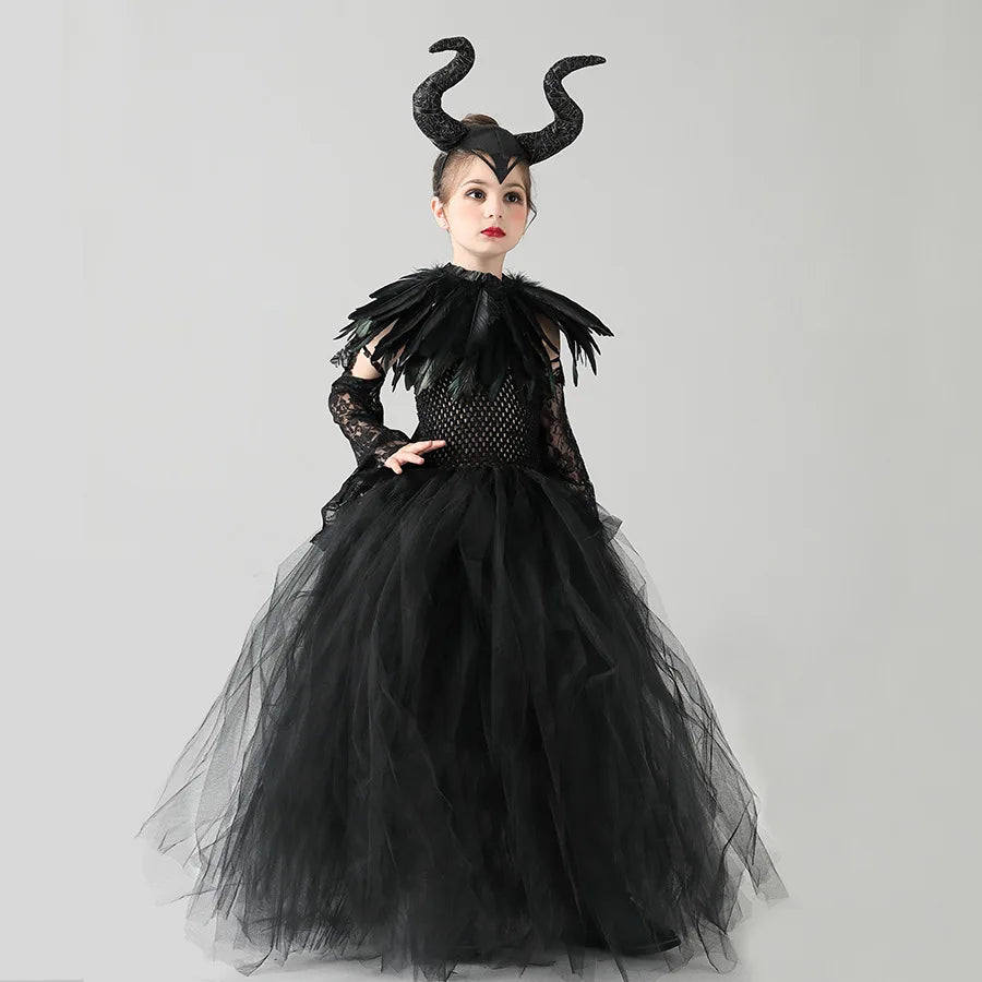 Kids Maleficent Girls Costume Dress Deluxe Halloween Cosplay Dress Gown Kids Demon Queen Witch Clothes