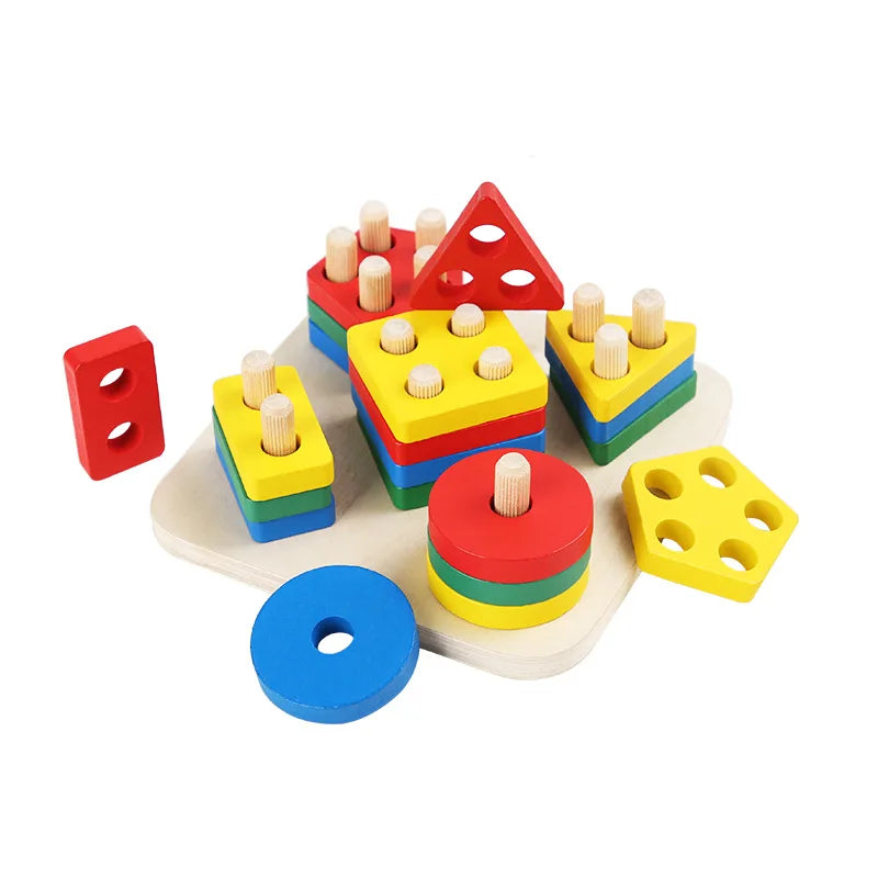 Wooden Geometric Shape Five Sets of Columns Wisdom Column Montessori Toys Early Education Cognitive Building Blocks Toy Gift