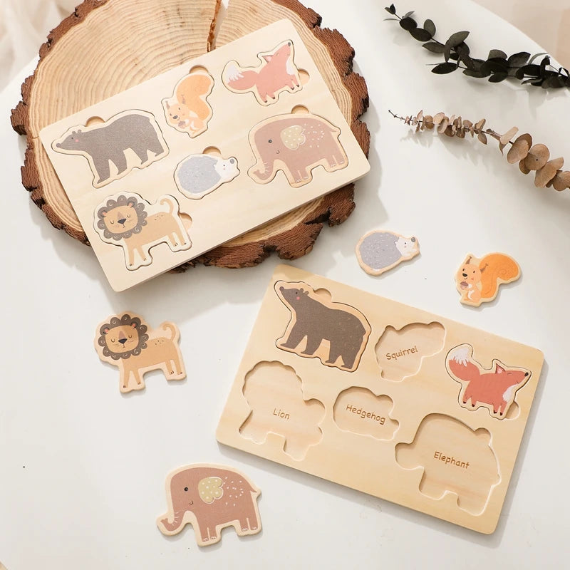 Let's Make Wooden Puzzle Toy Children Cartoon Animal Shape Puzzle Baby Early Education and Intellectual Building Block Toy Gifts