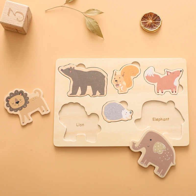 Let's Make Wooden Puzzle Toy Children Cartoon Animal Shape Puzzle Baby Early Education and Intellectual Building Block Toy Gifts