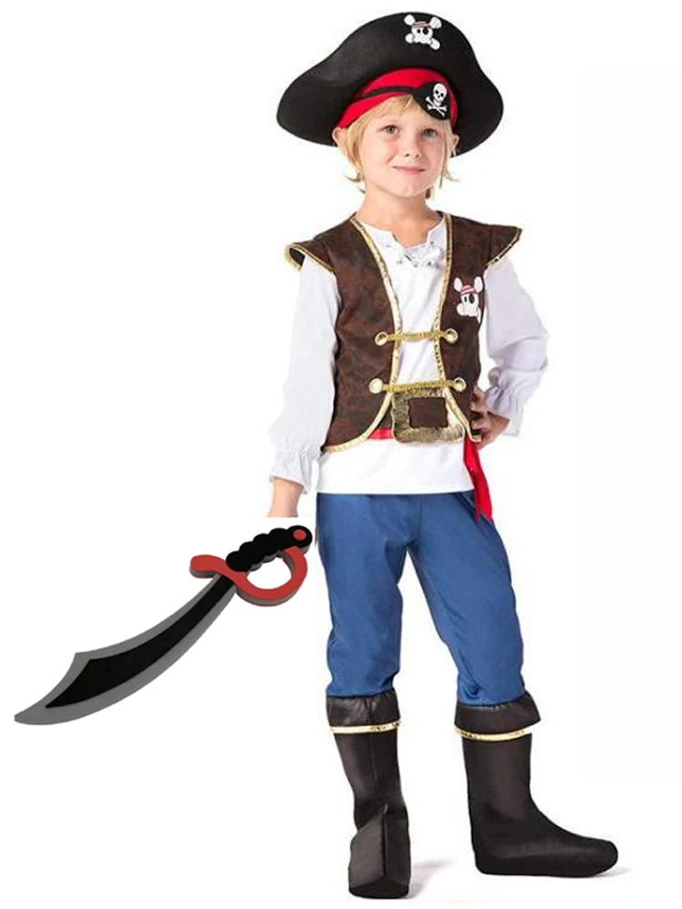 Kids Pirates Costume with knife Children's Day Boys Pirate Halloween Cosplay Set Birthday Party Outfit Pirate Christmas Theme