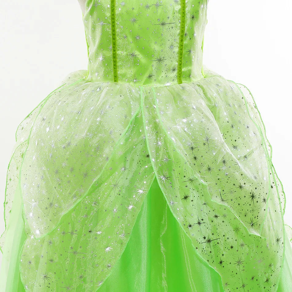 Tinker Bell Sling Dress Kids Summer Glitter Green Princess Costume Stage Performance Outfits Children Cosplay Party Elegant Gown