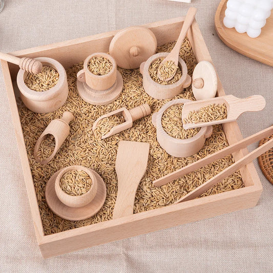 Montessori Sensory Enlighten Puzzle Toys Set Simulated Kitchen Tea Set Family Experience Early Childhood Education Wooden Toys