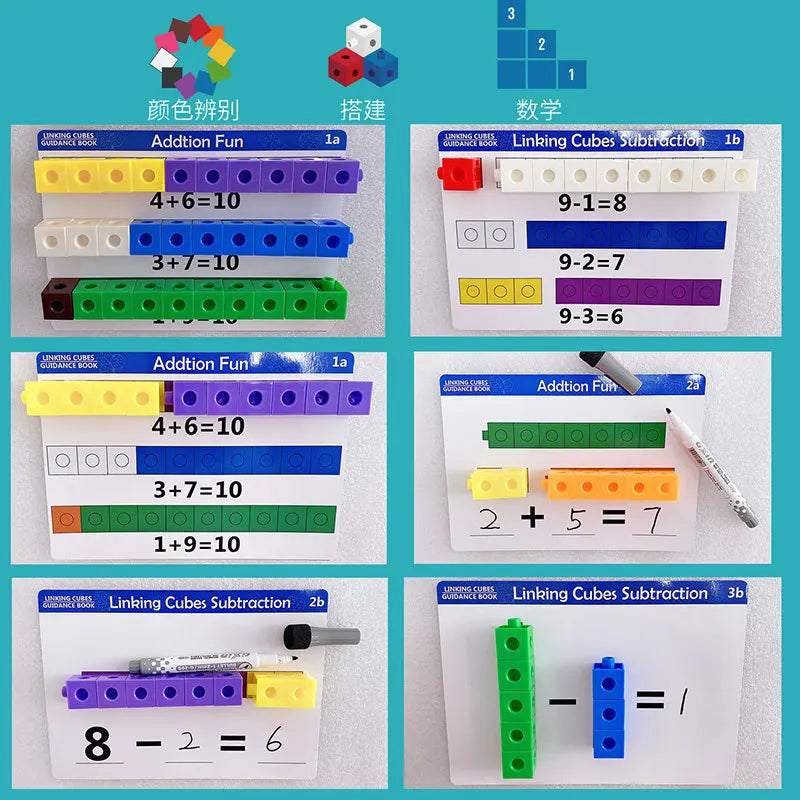 Linking Cubes Math Blocks Toy with Activity Cards 100pcs Numbers Counting Set Snap Toy Counters Kids Educational Learning Gifts