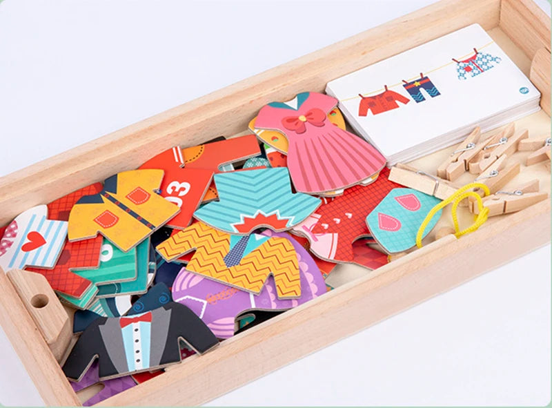 Drying Rack Clothes Dress-Up Jigsaw Puzzle Logical Thinking Matching Sorting Educational Game Kids Montessori Wooden Toys Girls