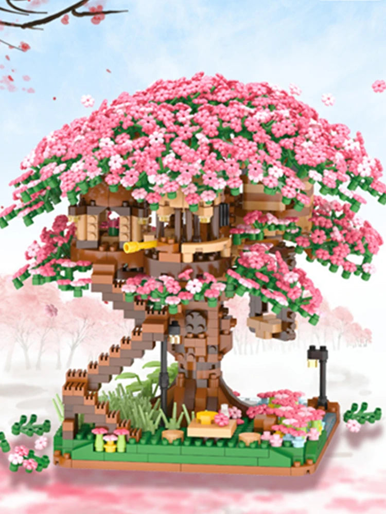 DIY Purple Romantic Cherry Blossom Flower Pink Tree House Train Assembly Building Blocks Classic Model Bricks Sets Kid