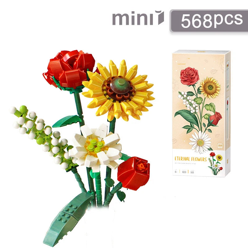 Mini Rose Building Blocks Flower Simulation Potted Bouquet 3D Model Home Decoration DIY Children's Educational Toys Girl Gift