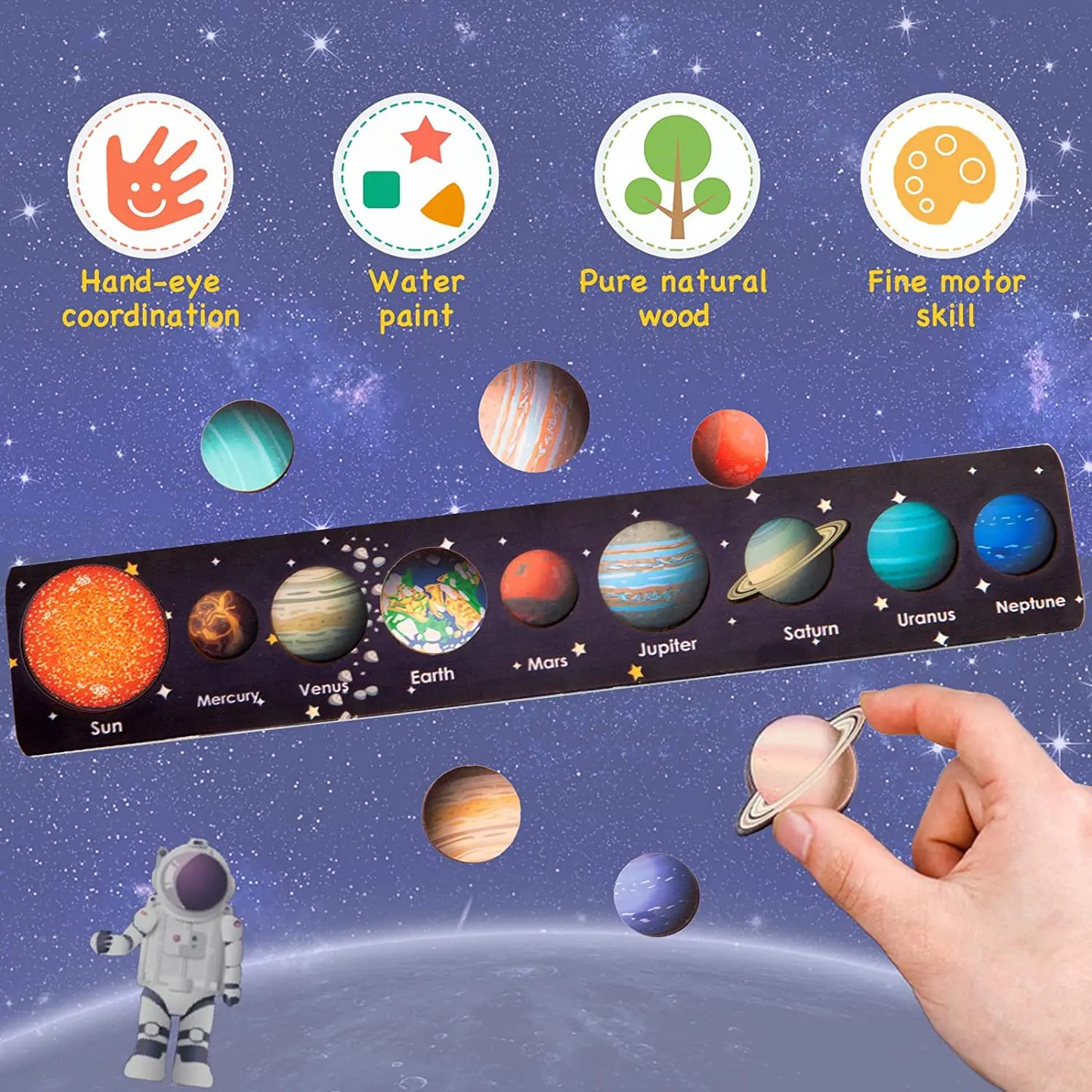 Children Wooden Space Planet Puzzles Montessori Toys Planet Matching Game Jigsaw Tray Universe Solar System Science Learning Toy