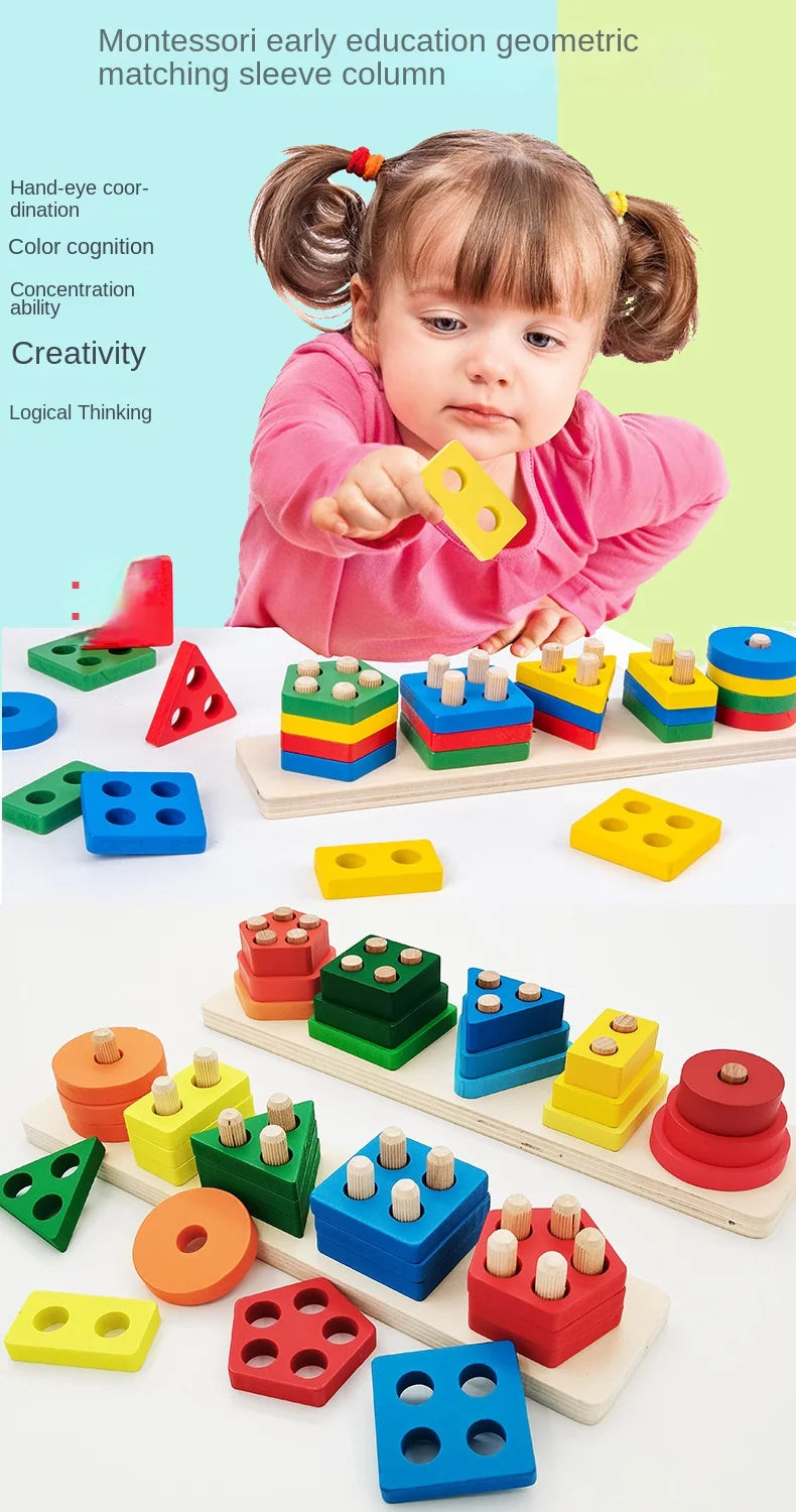 Wooden Geometric Shape Five Sets of Columns Wisdom Column Montessori Toys Early Education Cognitive Building Blocks Toy Gift