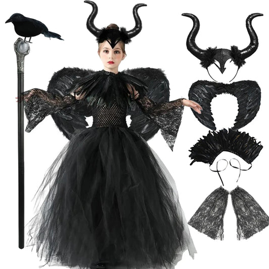 Kids Maleficent Girls Costume Dress Deluxe Halloween Cosplay Dress Gown Kids Demon Queen Witch Clothes