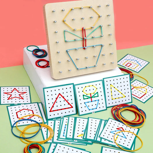 Children Math Wooden Toys Set Geometric Shape Rubber Band Nailboard Game Montessori Educational Creative Toy Fine Motor Training