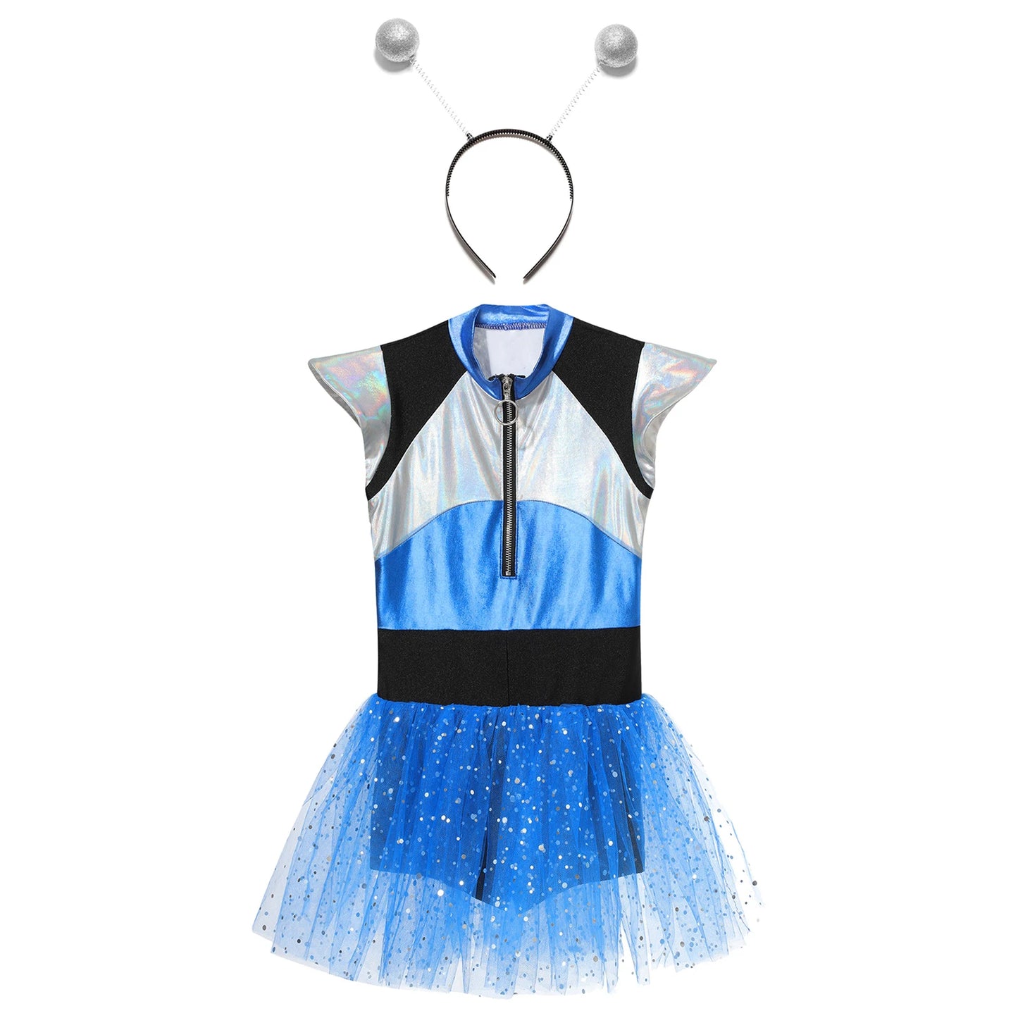 Kids Girls Alien Robot Astronaut Cosplay Costume Short Sleeve Shiny Metallic Spangles Tutu Dress Bodysuit with Alien Hair Hoop