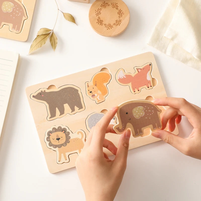 Let's Make Wooden Puzzle Toy Children Cartoon Animal Shape Puzzle Baby Early Education and Intellectual Building Block Toy Gifts