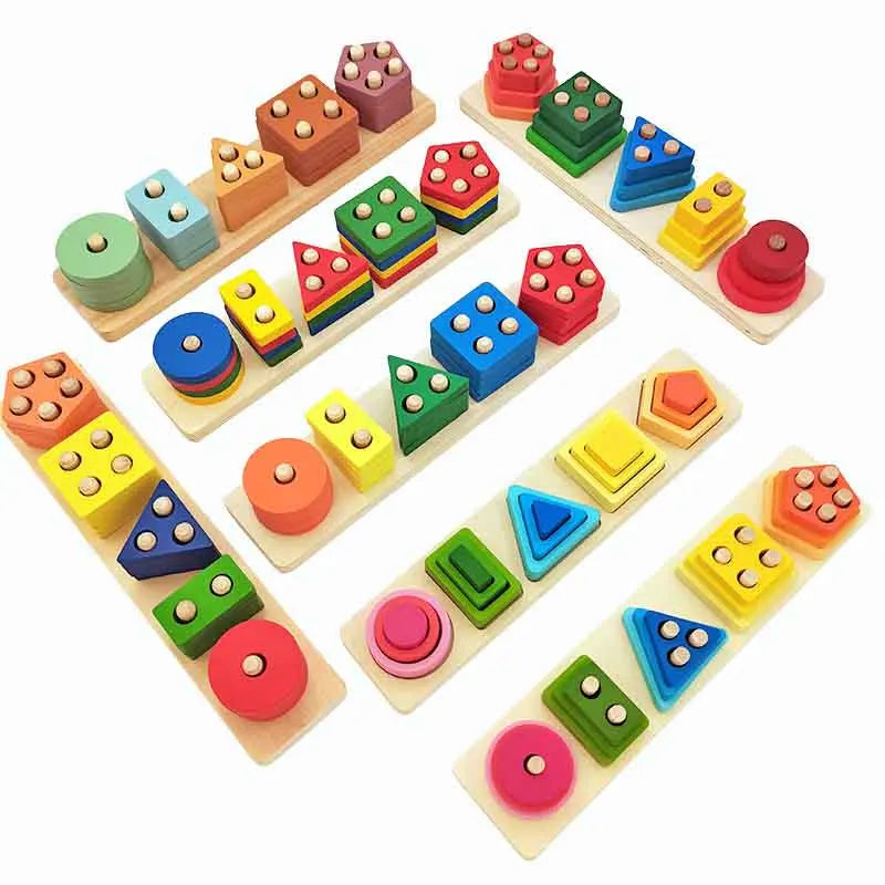 Wooden Geometric Shape Five Sets of Columns Wisdom Column Montessori Toys Early Education Cognitive Building Blocks Toy Gift