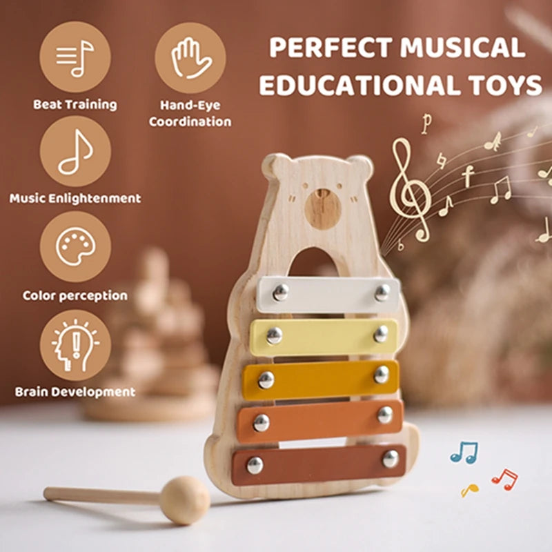 Wooden Montessori Toys Rattle Bell Drum Column Musical Instruments Baby Sensory Toy Toddler Early Education Game Birthday Gift