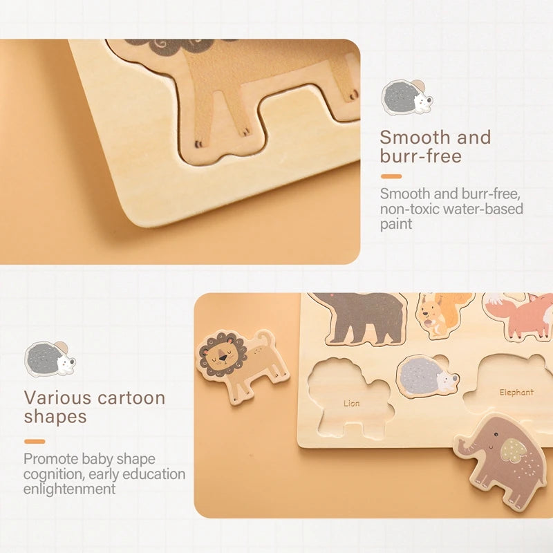 Let's Make Wooden Puzzle Toy Children Cartoon Animal Shape Puzzle Baby Early Education and Intellectual Building Block Toy Gifts