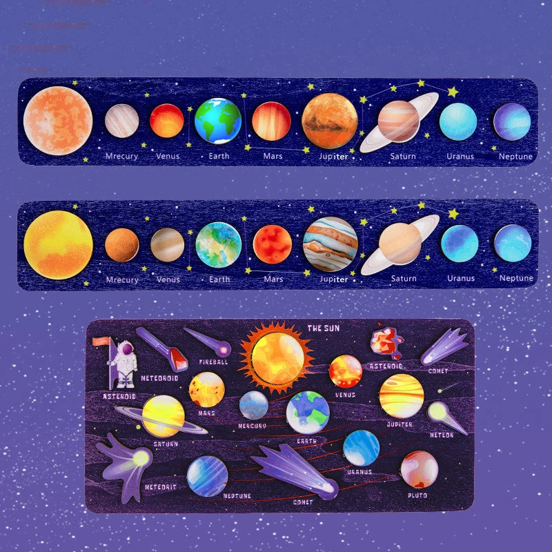 Children Wooden Space Planet Puzzles Montessori Toys Planet Matching Game Jigsaw Tray Universe Solar System Science Learning Toy