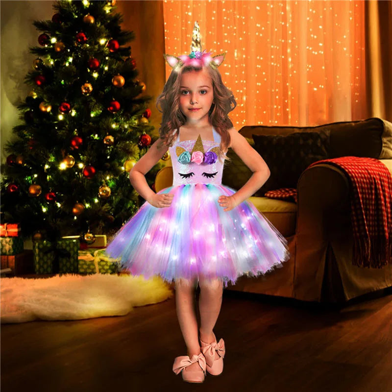 Girls Rainbow Unicorn Light Up Tutu Dresses for Kids Birthday Party Sequins Glowing Knee Length Dress Halloween Animal Costumes