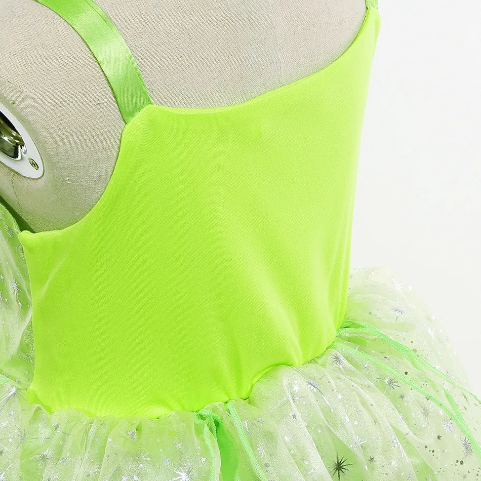 Tinker Bell Sling Dress Kids Summer Glitter Green Princess Costume Stage Performance Outfits Children Cosplay Party Elegant Gown