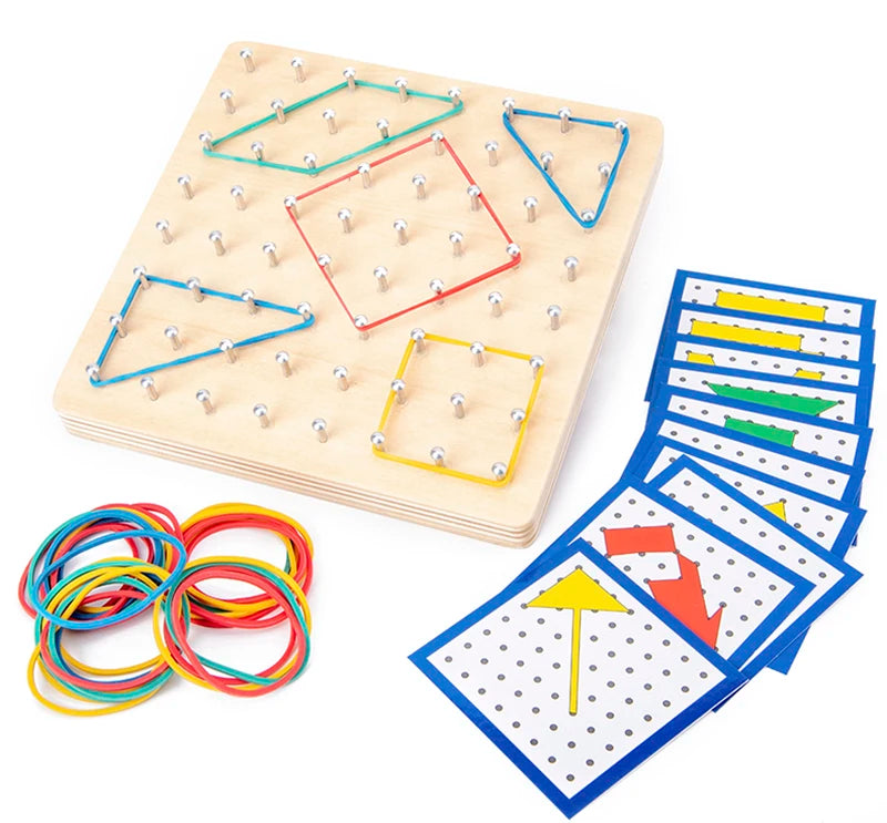 Children Math Wooden Toys Set Geometric Shape Rubber Band Nailboard Game Montessori Educational Creative Toy Fine Motor Training