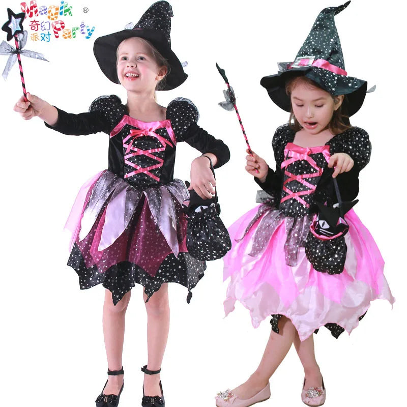 Kids 2024 Halloween Witch Costume for Girls Carnival Party Evil Lovely Witch Vestidos Set Dress+Hat+Magic Wand+Bag Clothes Set