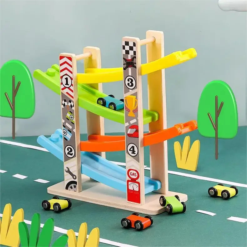 4/7 Track Wooden Ramp Racing Toddler Toy Car Set Montessori Educational Toy Game Mini Inertia Slide Roller Coaster Racing