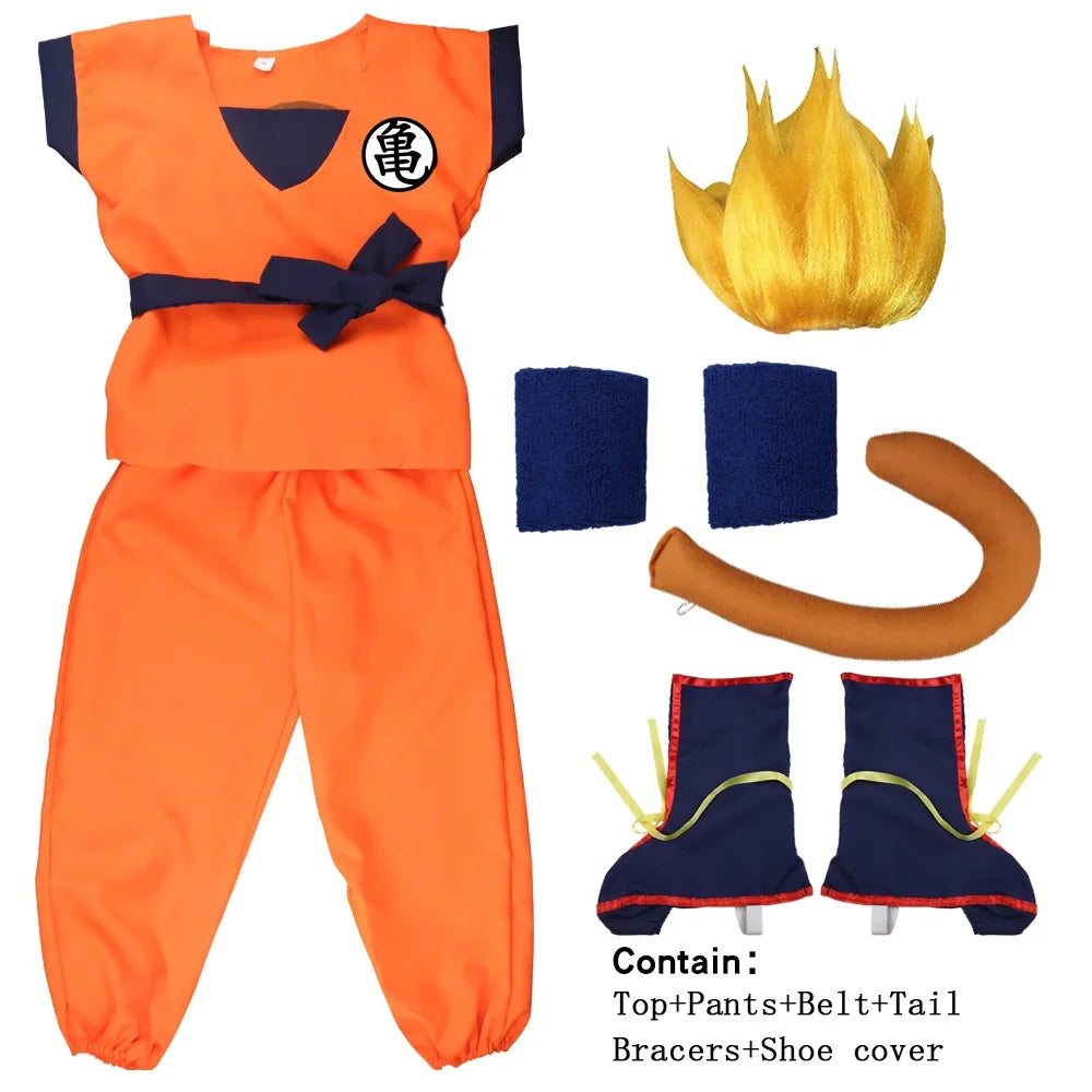 Halloween Adult Kids Suits Son Goku Gui Carnival Anime Cosplay Holiday Costumes Tail  Wrister Wig Blue Gold Children Dress Up