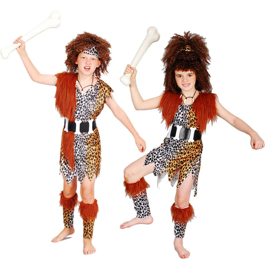 Umorden Kids Child Historical Stone Age Caveboy Cavegirl Costume Cave man Primitive Cosplay for Boys Girls Halloween Costumes