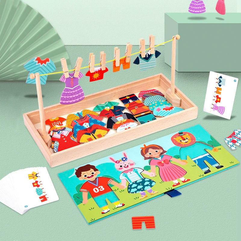 Drying Rack Clothes Dress-Up Jigsaw Puzzle Logical Thinking Matching Sorting Educational Game Kids Montessori Wooden Toys Girls