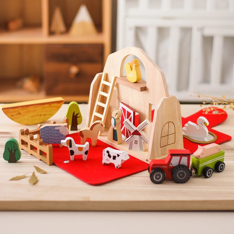 Wooden Montessori Toy Dinosaur Park Animals Barn Toy for Children Stacking Educational Toy Wooden Car Track Toy Christmas Gift