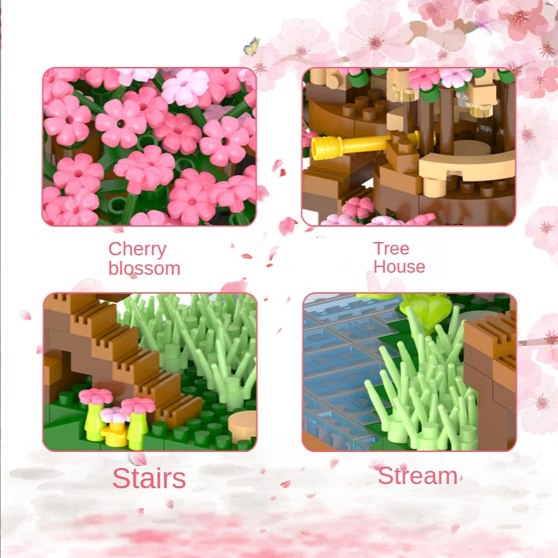 DIY Purple Romantic Cherry Blossom Flower Pink Tree House Train Assembly Building Blocks Classic Model Bricks Sets Kid