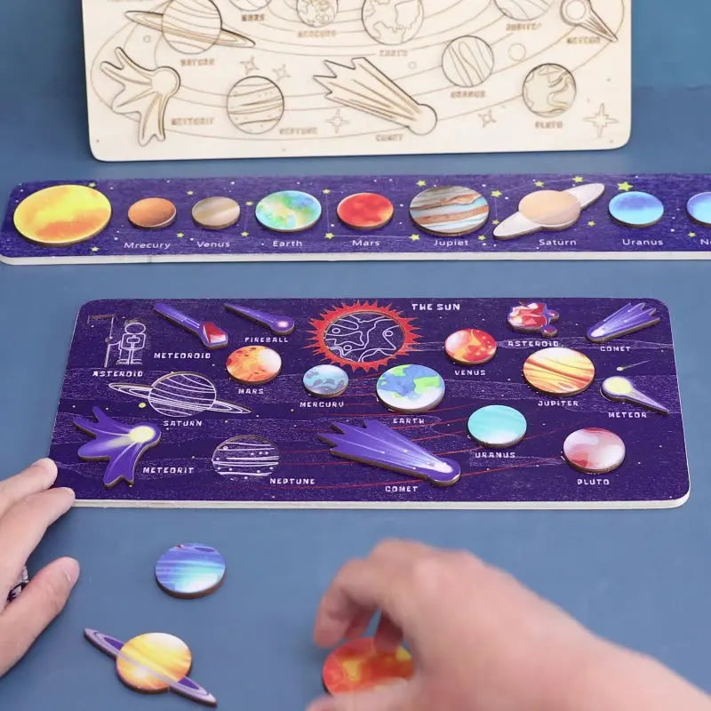 Children Wooden Space Planet Puzzles Montessori Toys Planet Matching Game Jigsaw Tray Universe Solar System Science Learning Toy