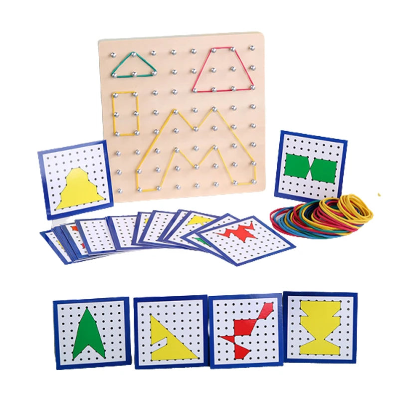 Children Math Wooden Toys Set Geometric Shape Rubber Band Nailboard Game Montessori Educational Creative Toy Fine Motor Training