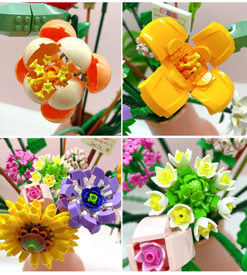 Mini Rose Building Blocks Flower Simulation Potted Bouquet 3D Model Home Decoration DIY Children's Educational Toys Girl Gift