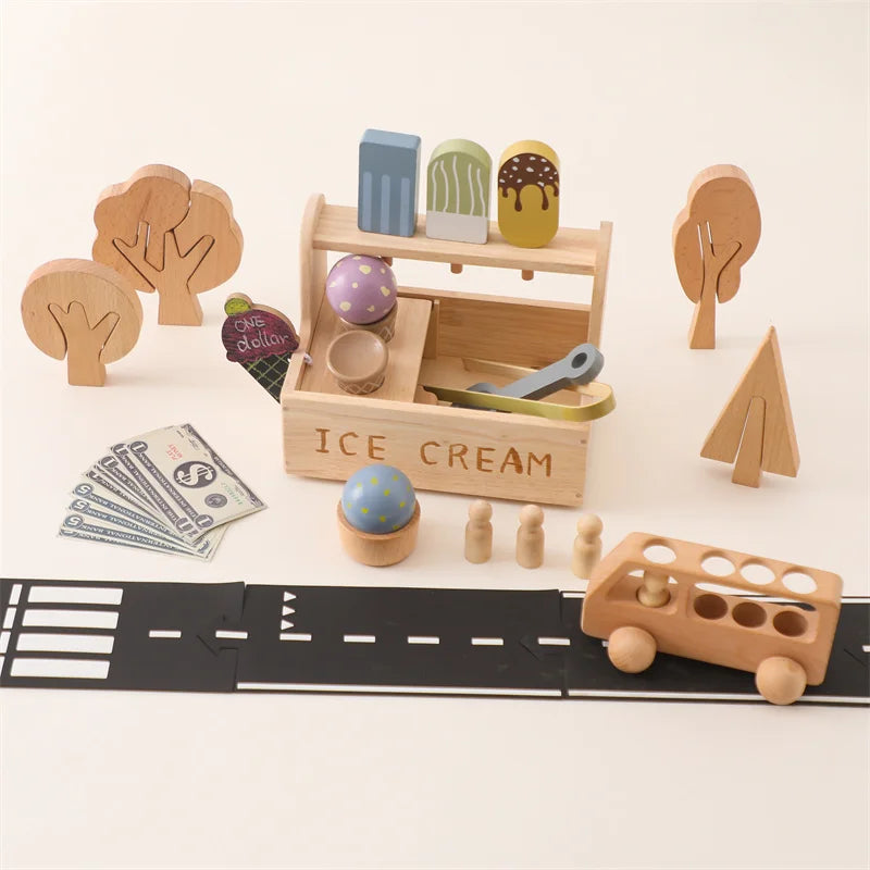 Kid Wooden Ice Cream Shop Pretend Play Set Educational Montessori Toy  Children Simulation Sales Ice Cream Toy Kid Birthday Gift