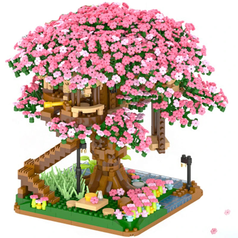 DIY Purple Romantic Cherry Blossom Flower Pink Tree House Train Assembly Building Blocks Classic Model Bricks Sets Kid