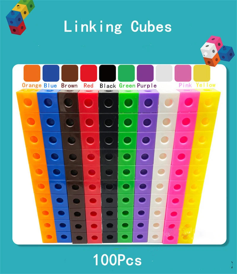 Linking Cubes Math Blocks Toy with Activity Cards 100pcs Numbers Counting Set Snap Toy Counters Kids Educational Learning Gifts